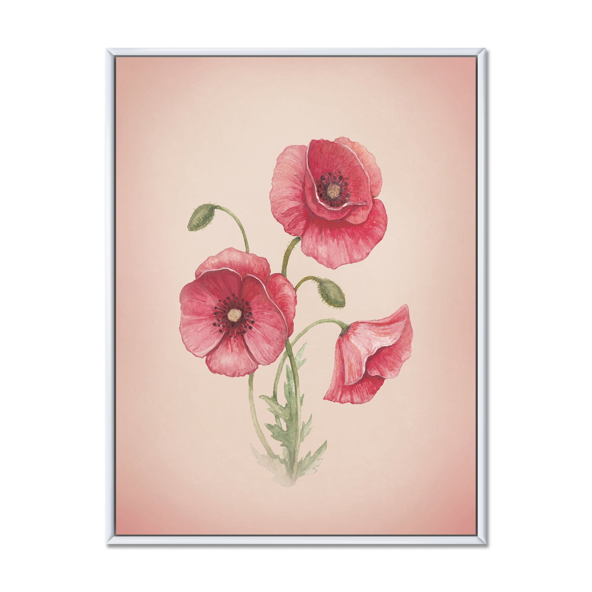 Designart 'Poppy Retro Flowers' Vintage Framed Canvas Wall Art Print