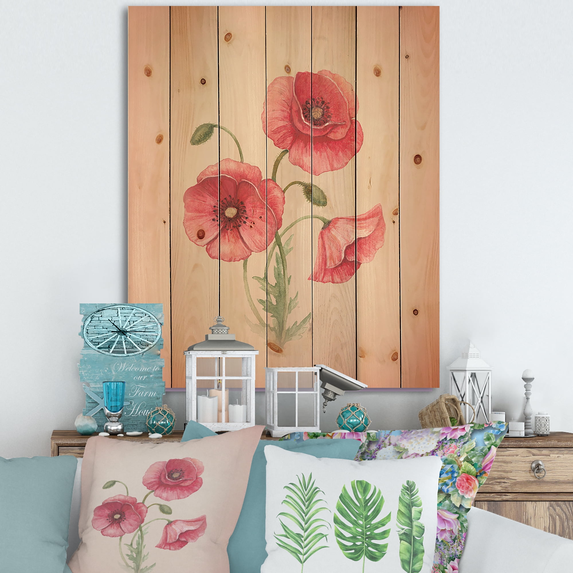 Designart 'Poppy Retro Flowers' Vintage Print on Natural Pine Wood