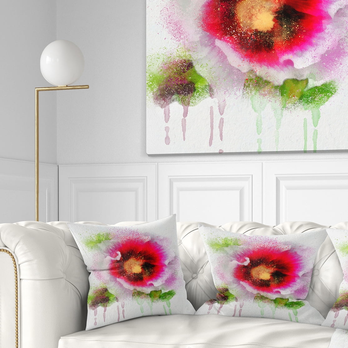 Designart Poppy with Green Watercolor Splashes - Floral Throw Pillow - 18x18