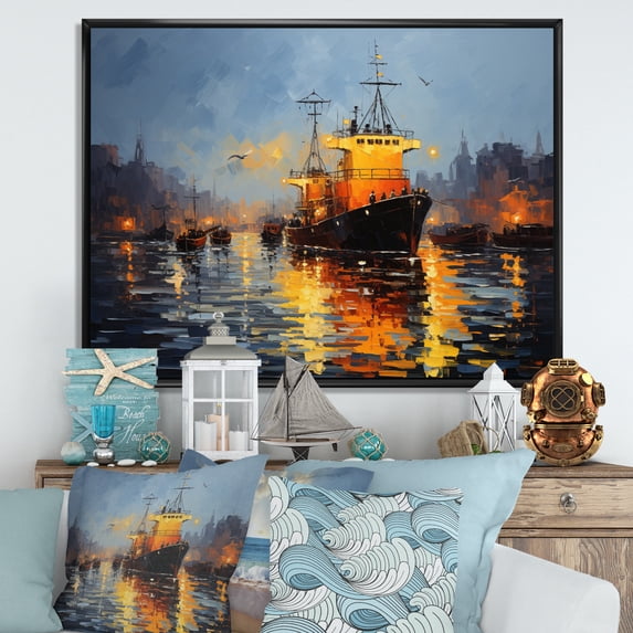 Designart "Port Harbor Euphony Pointillism" Nautical & Beach Floater Framed Canvas Wall Art