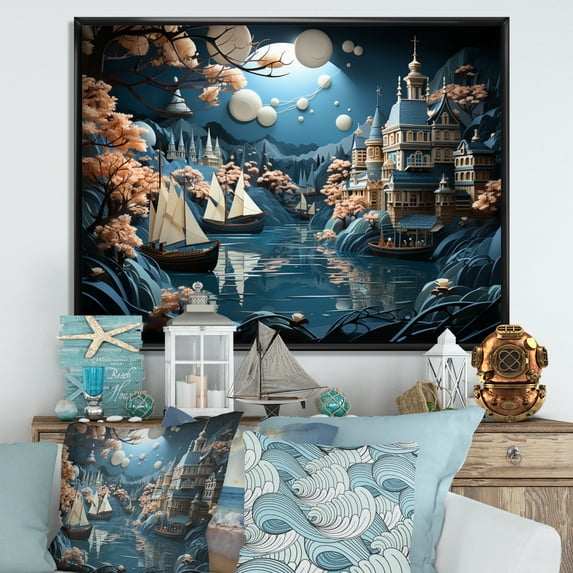 Designart "Port Port Of Calm" Nautical & Beach Floater Framed Wall Art Print