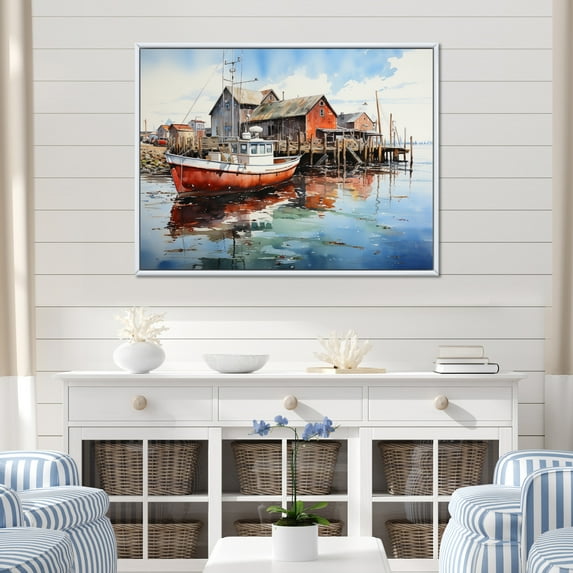 Designart "Port Portside Reflection Painting I" Nautical & Beach Floater Framed Wall Decor