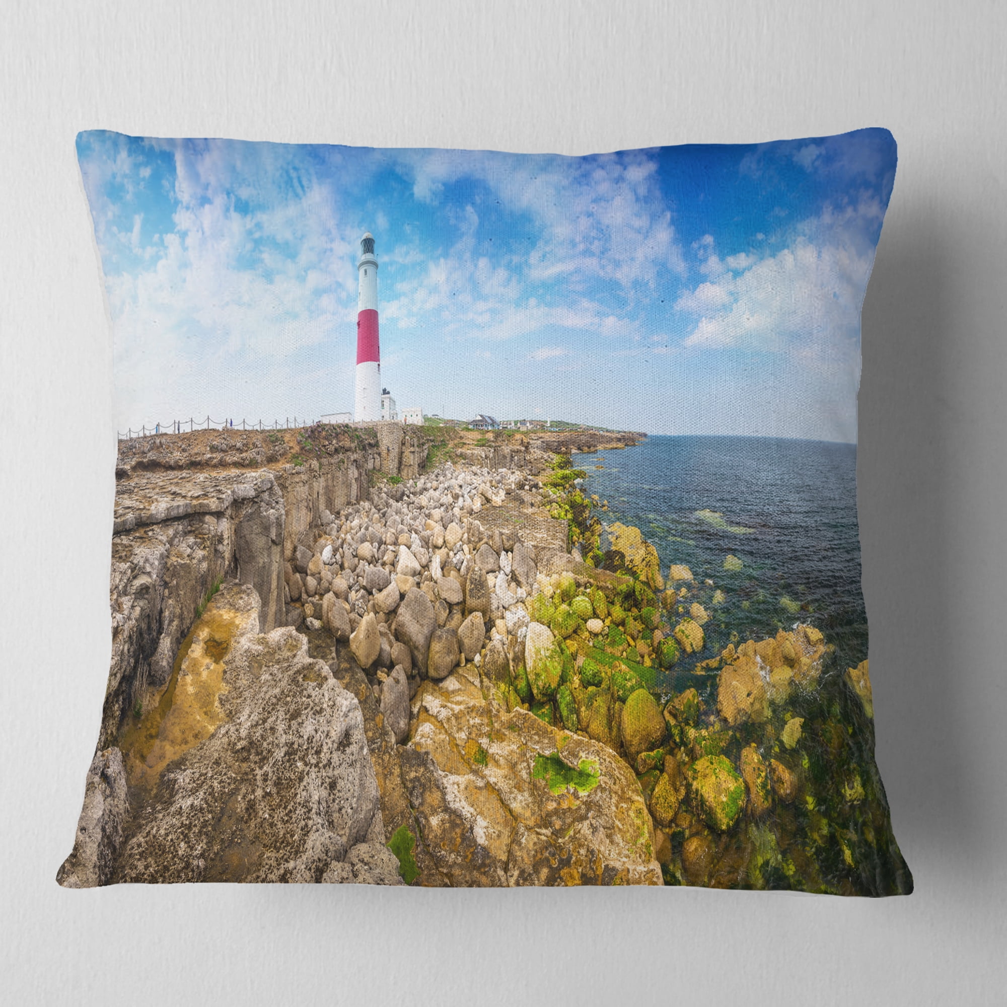 Designart Portland Bill Lighthouse - Landscape Printed Throw Pillow - 18x18