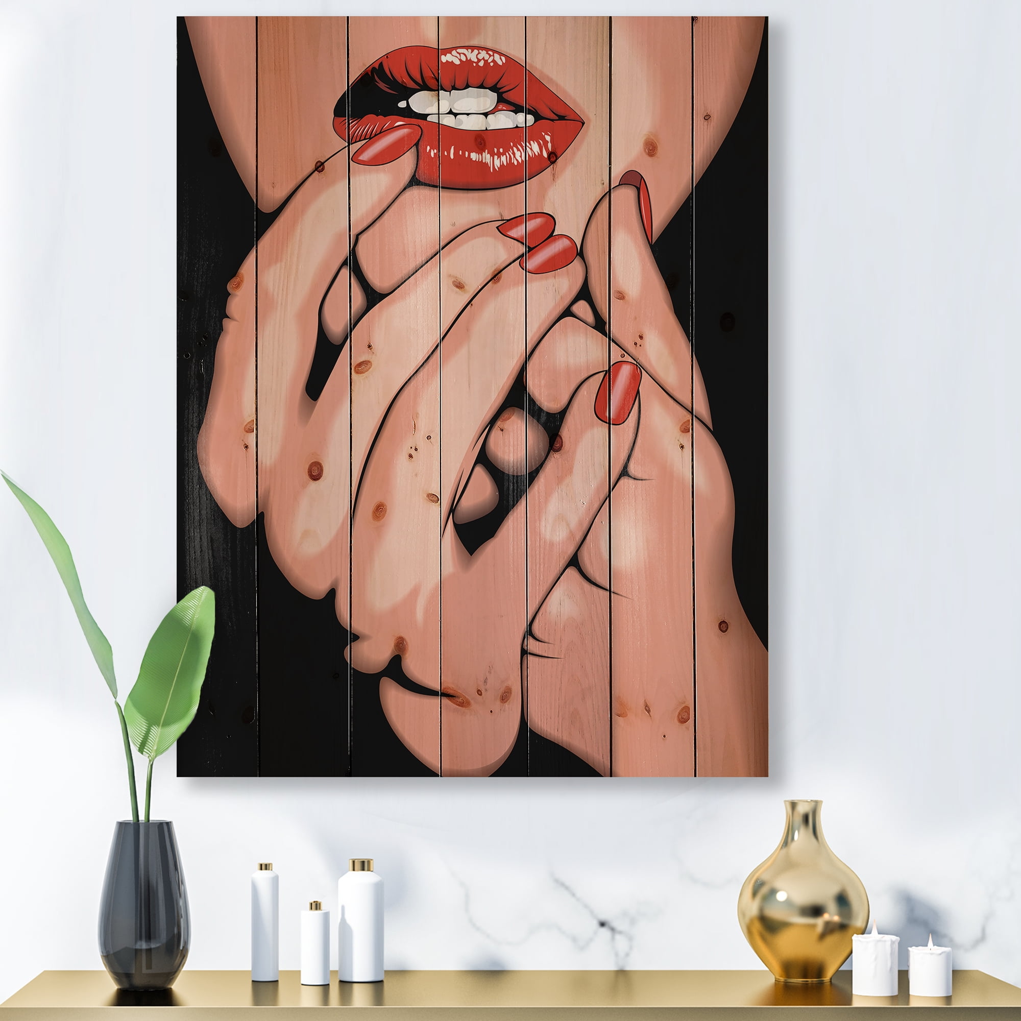 Designart 'Portrai Of A Young Modern Girl' Modern Print on Natural Pine Wood