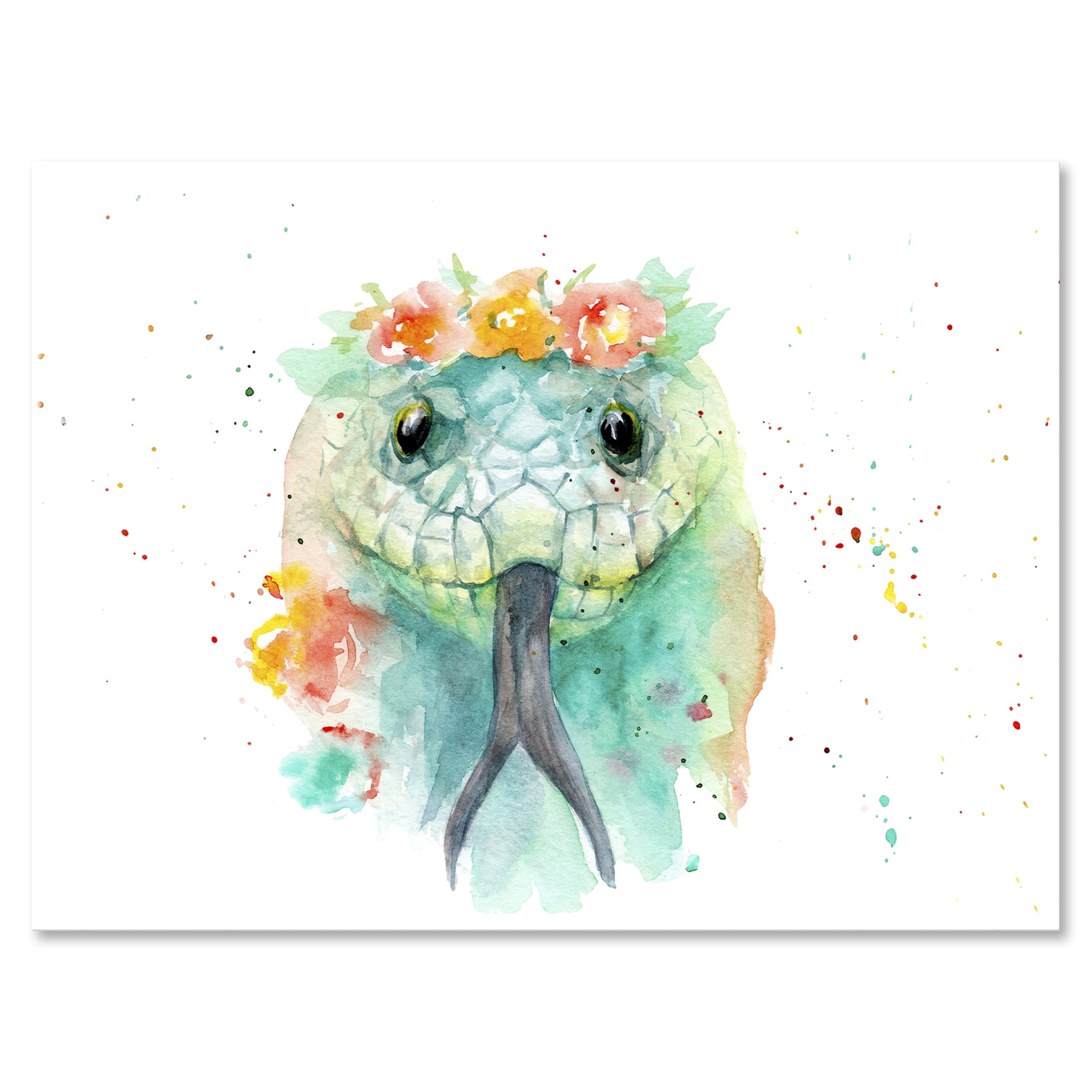 Designart ' Portrait A Green Snake In Flowers ' Farmhouse Canvas Wall Art Print