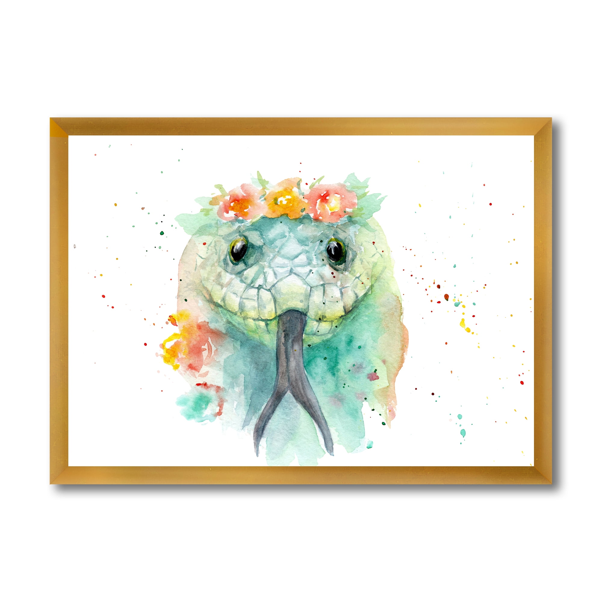 Designart 'Portrait A Green Snake In Flowers' Farmhouse Framed Art Print