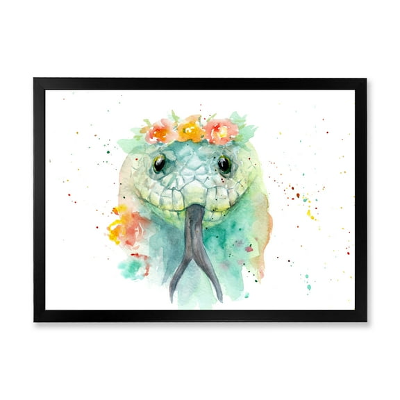 Designart 'Portrait A Green Snake In Flowers' Farmhouse Framed Art Print