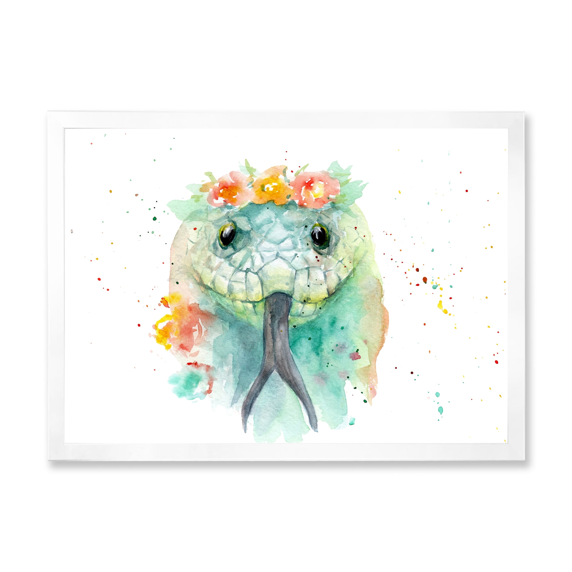 Designart 'Portrait A Green Snake In Flowers' Farmhouse Framed Art Print