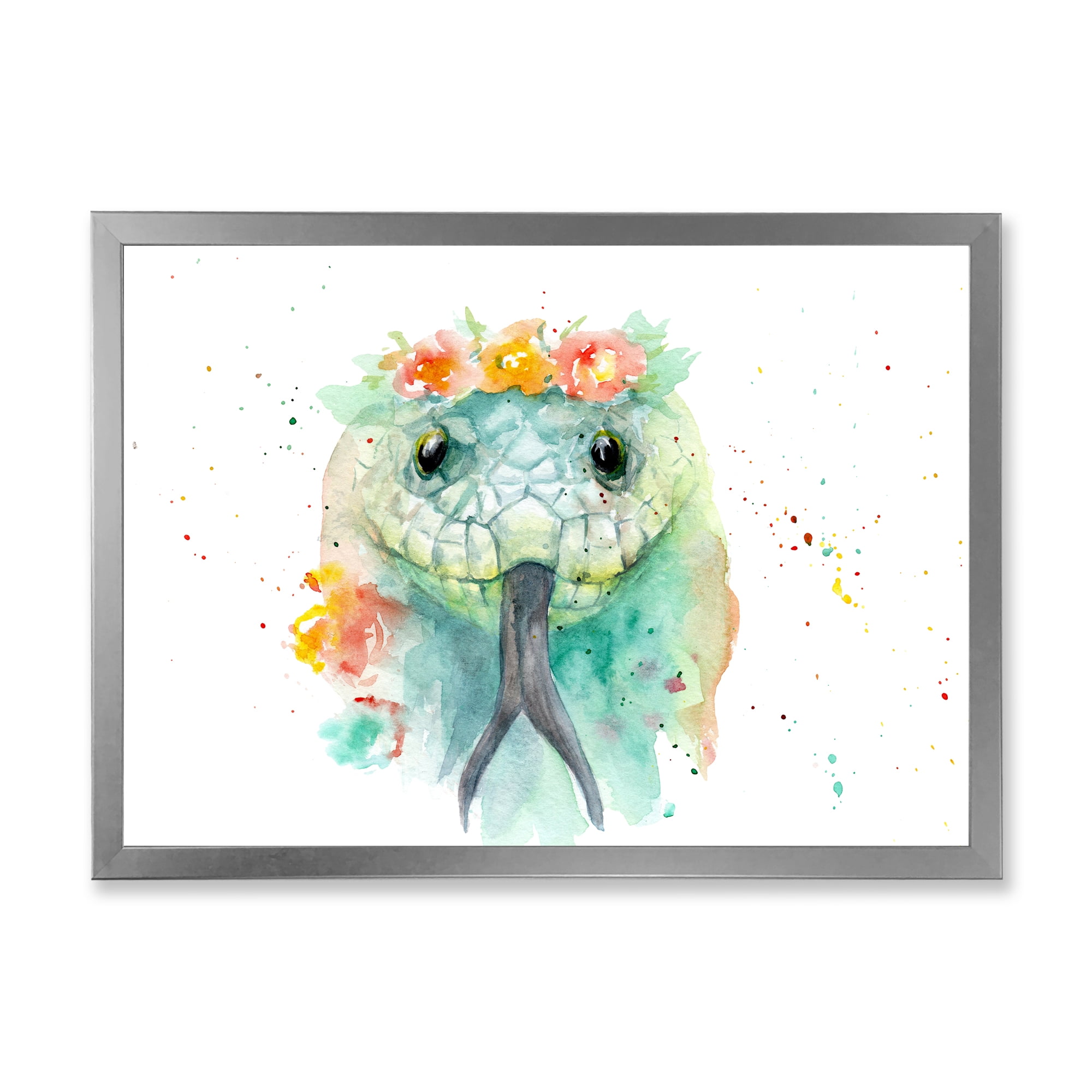 Designart 'Portrait A Green Snake In Flowers' Farmhouse Framed Art Print