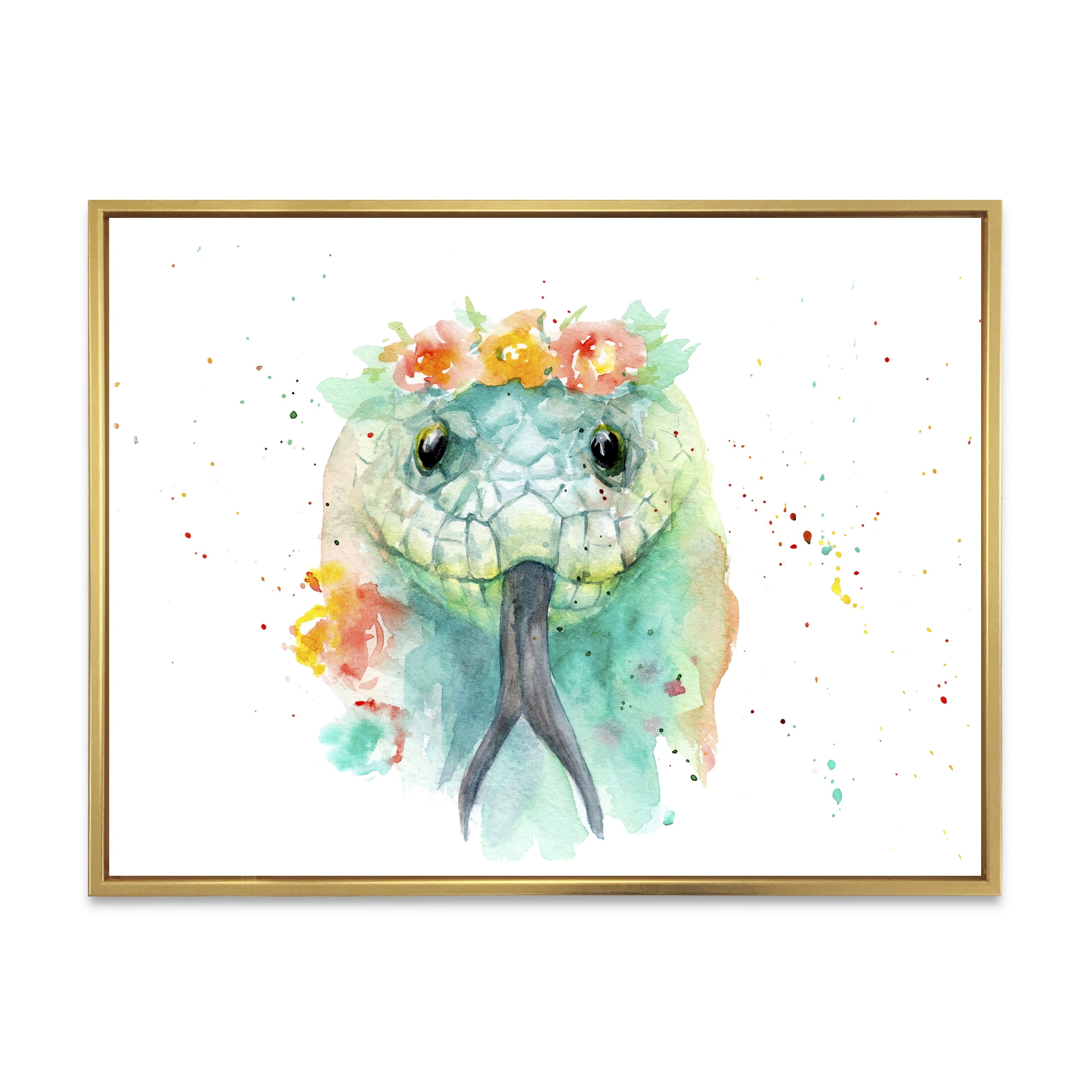 Designart 'Portrait A Green Snake In Flowers' Farmhouse Framed Canvas Wall Art Print