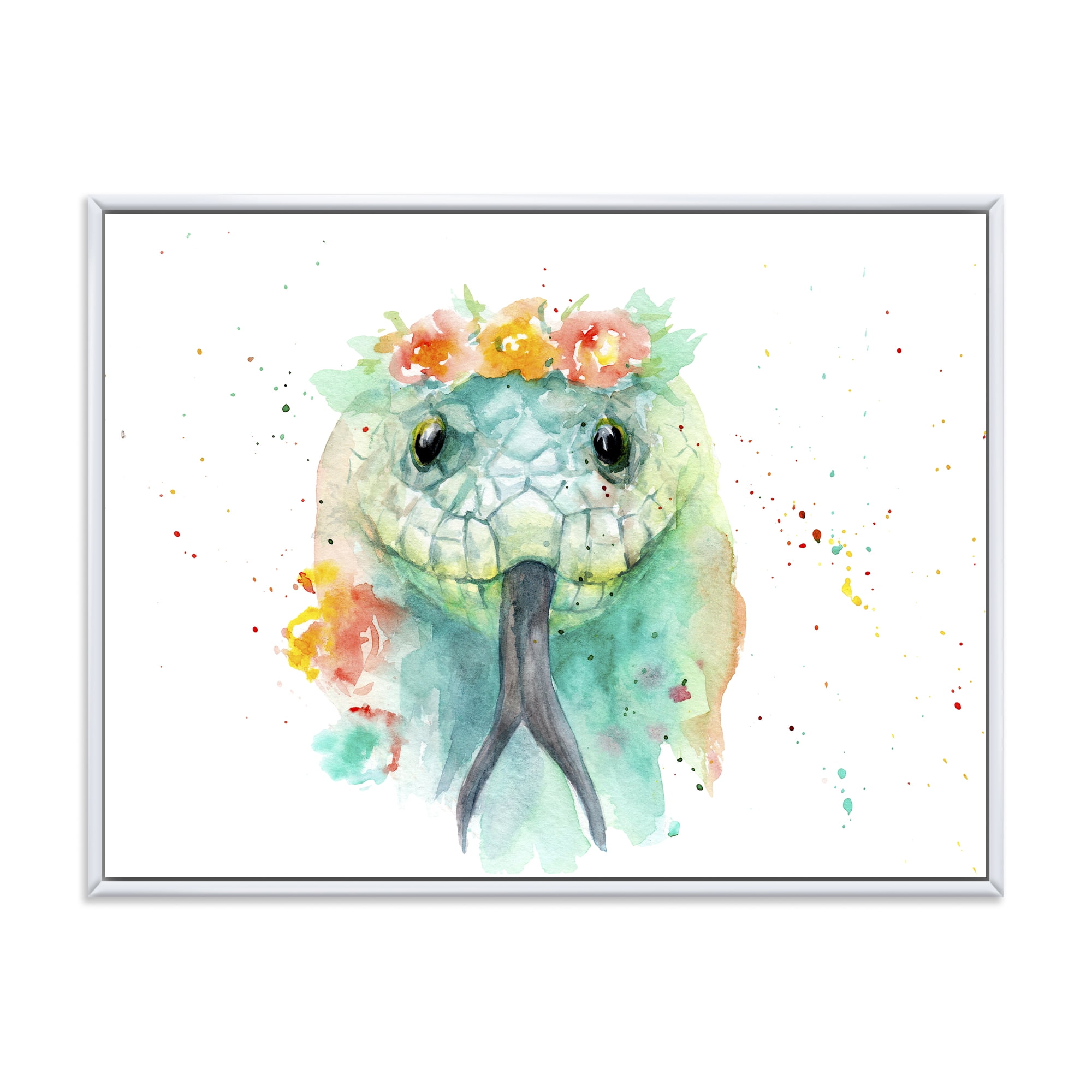 Designart 'Portrait A Green Snake In Flowers' Farmhouse Framed Canvas Wall Art Print