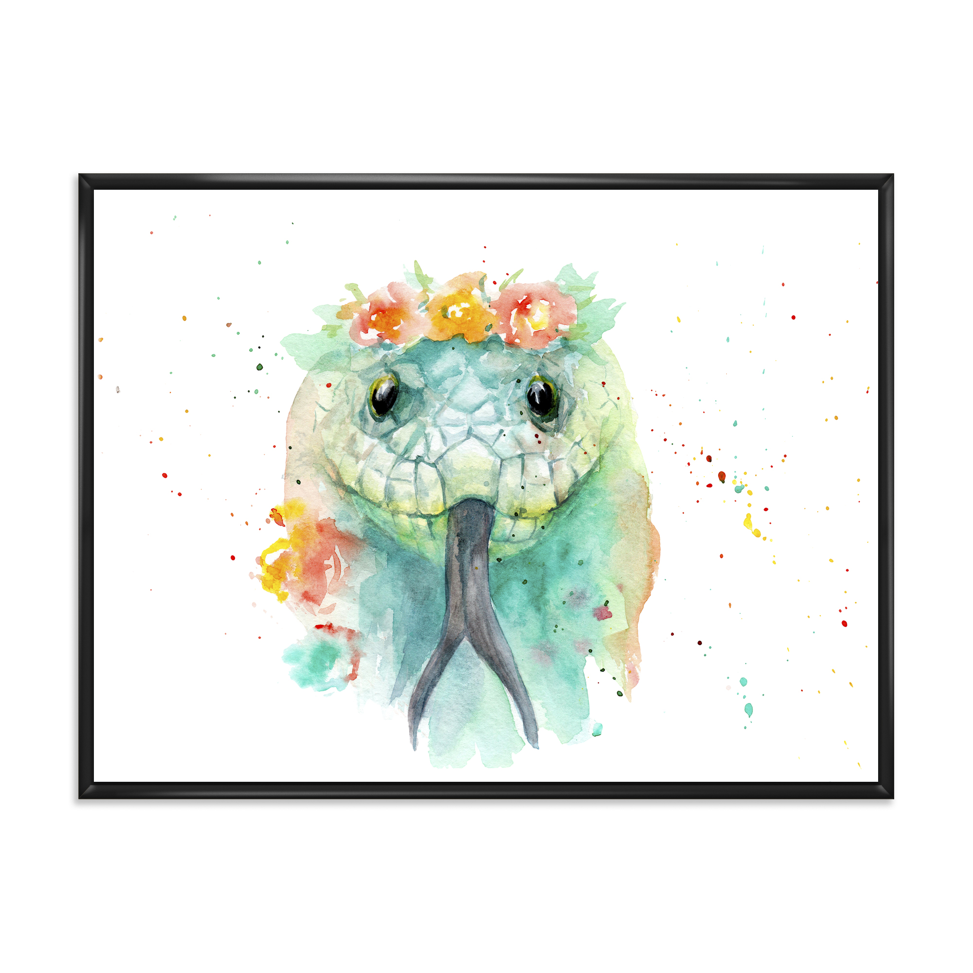 Designart 'Portrait A Green Snake In Flowers' Farmhouse Framed Canvas Wall Art Print