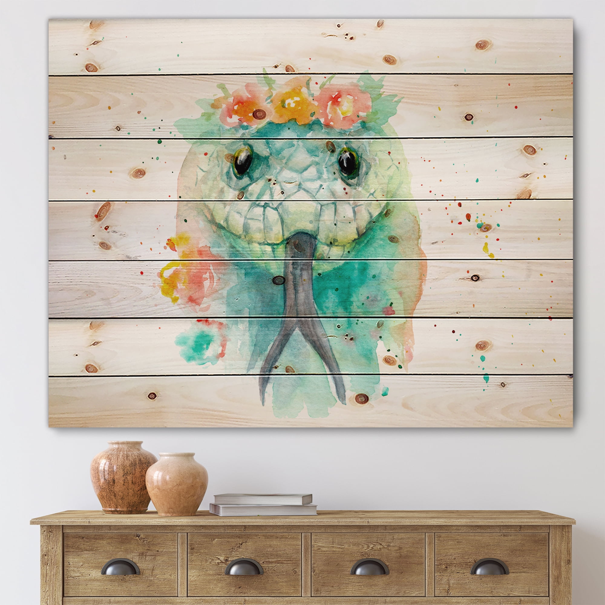 Designart 'Portrait A Green Snake In Flowers' Farmhouse Print on Natural Pine Wood