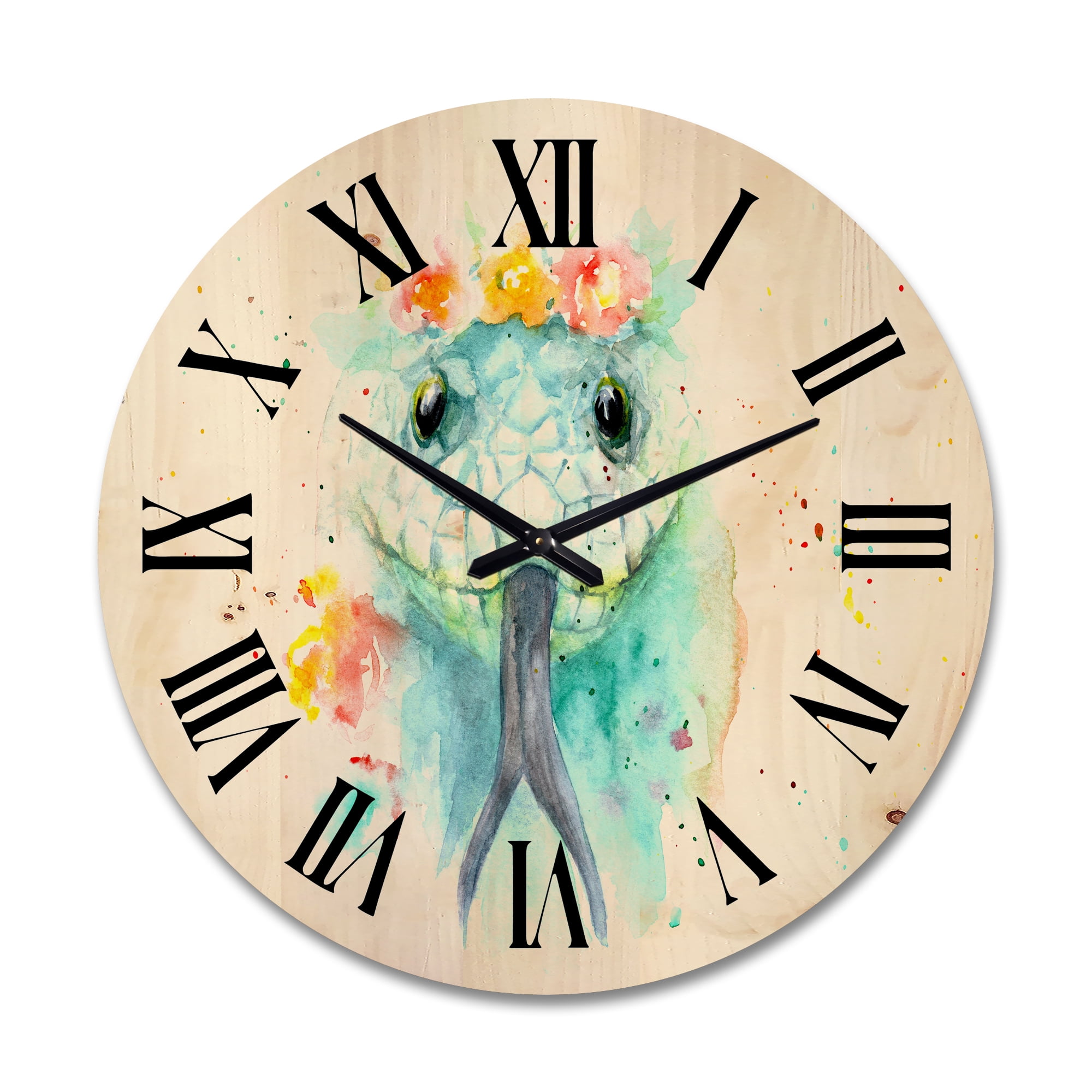 Designart 'Portrait A Green Snake In Flowers' Farmhouse Wood Wall Clock