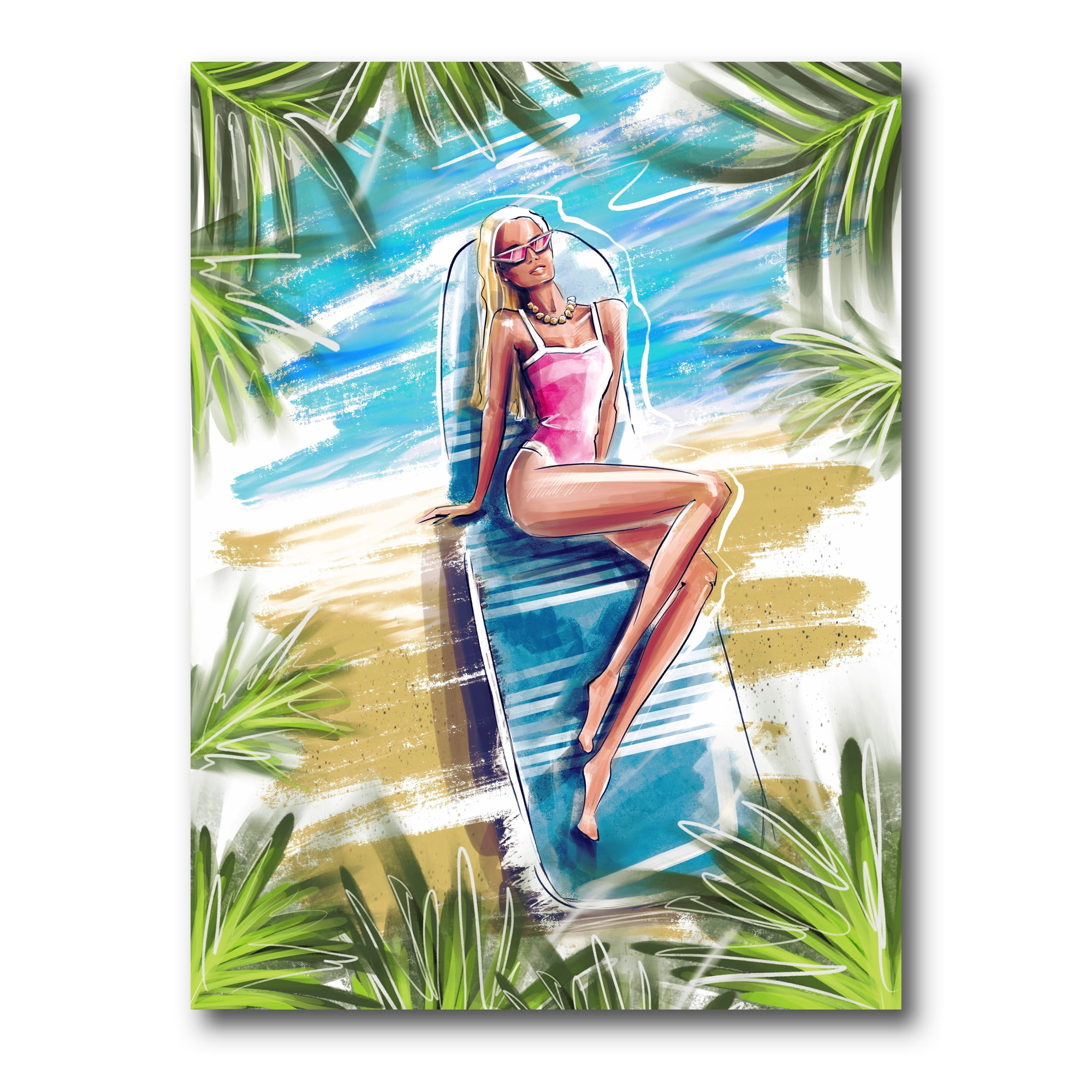 Designart ' Portrait Beautiful Blond Model At The Beach Sunbathing ' Nautical & Coastal Canvas Wall Art Print