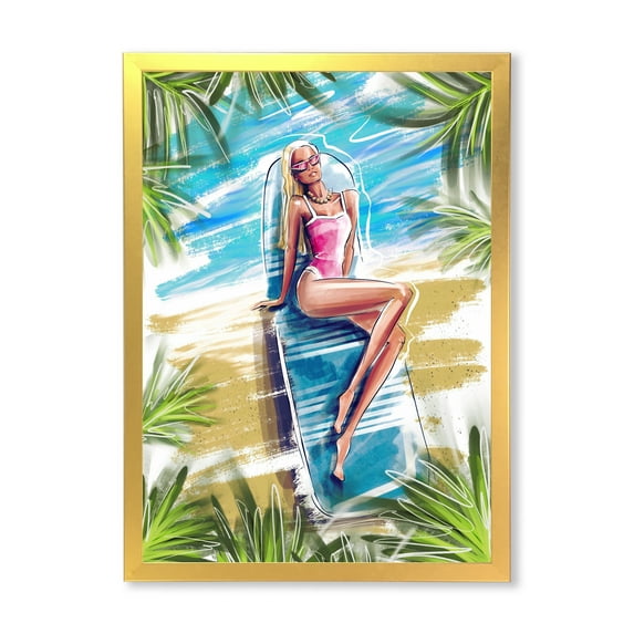 Designart 'Portrait Beautiful Blond Model At The Beach Sunbathing' Nautical & Coastal Framed Art Print
