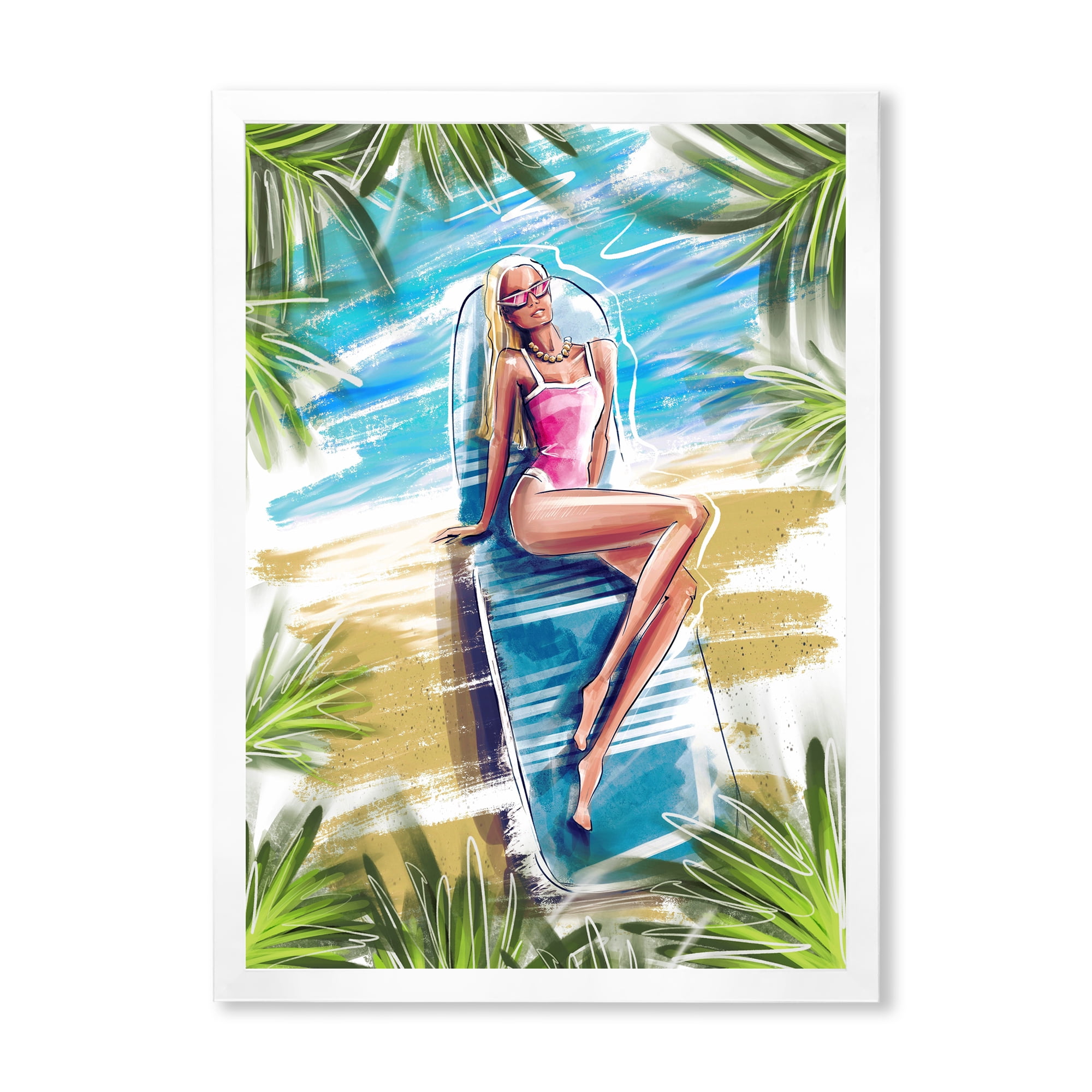 Designart 'Portrait Beautiful Blond Model At The Beach Sunbathing' Nautical & Coastal Framed Art Print