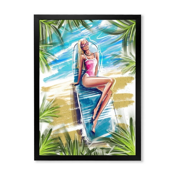 Designart 'Portrait Beautiful Blond Model At The Beach Sunbathing' Nautical & Coastal Framed Art Print