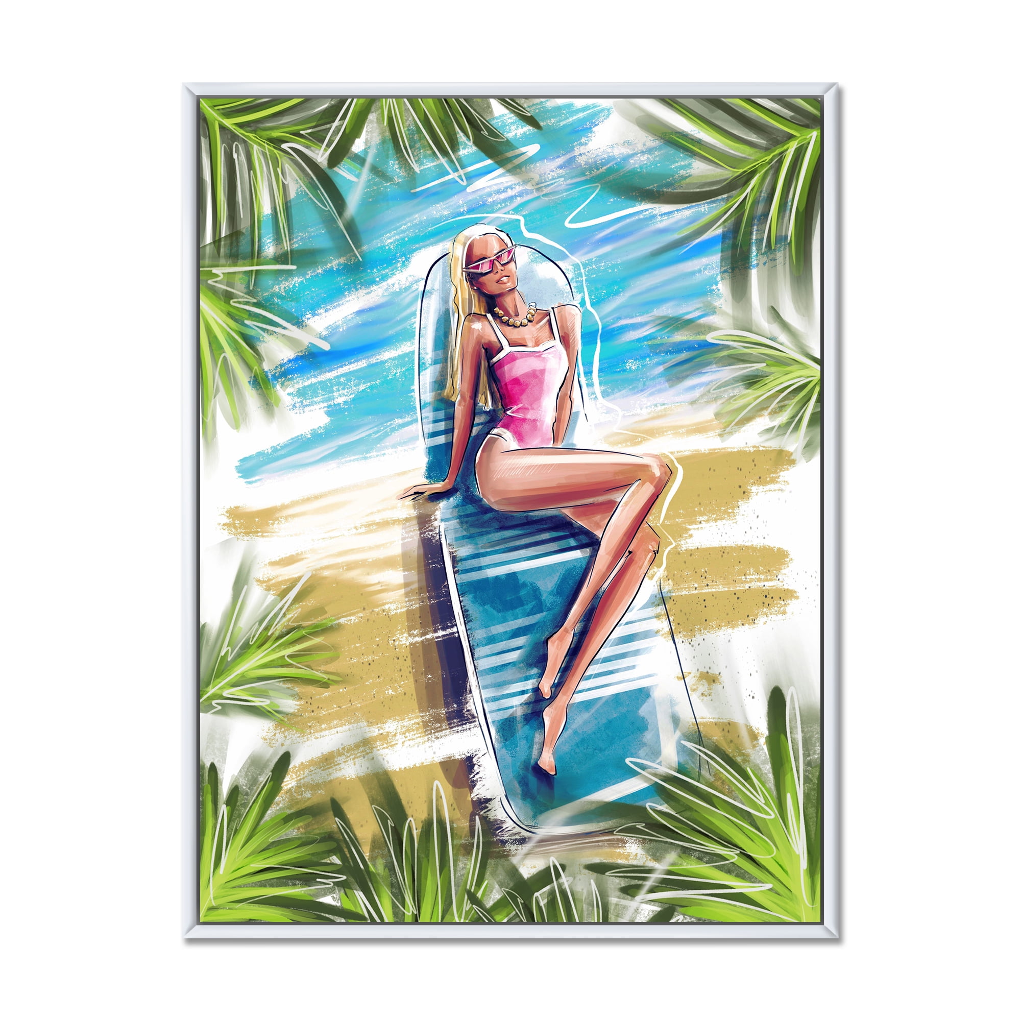 Designart 'Portrait Beautiful Blond Model At The Beach Sunbathing' Nautical & Coastal Framed Canvas Wall Art Print