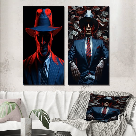 Designart "Portrait Man in Red and Blue with Hat" Man Wall Art Set Of 2 - Glam Red Gallery Set For Office Decor