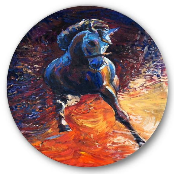 Designart 'Portrait Of A Galoping Blue Horse' Farmhouse Circle Metal Wall Art 36x36 - Disc of 36