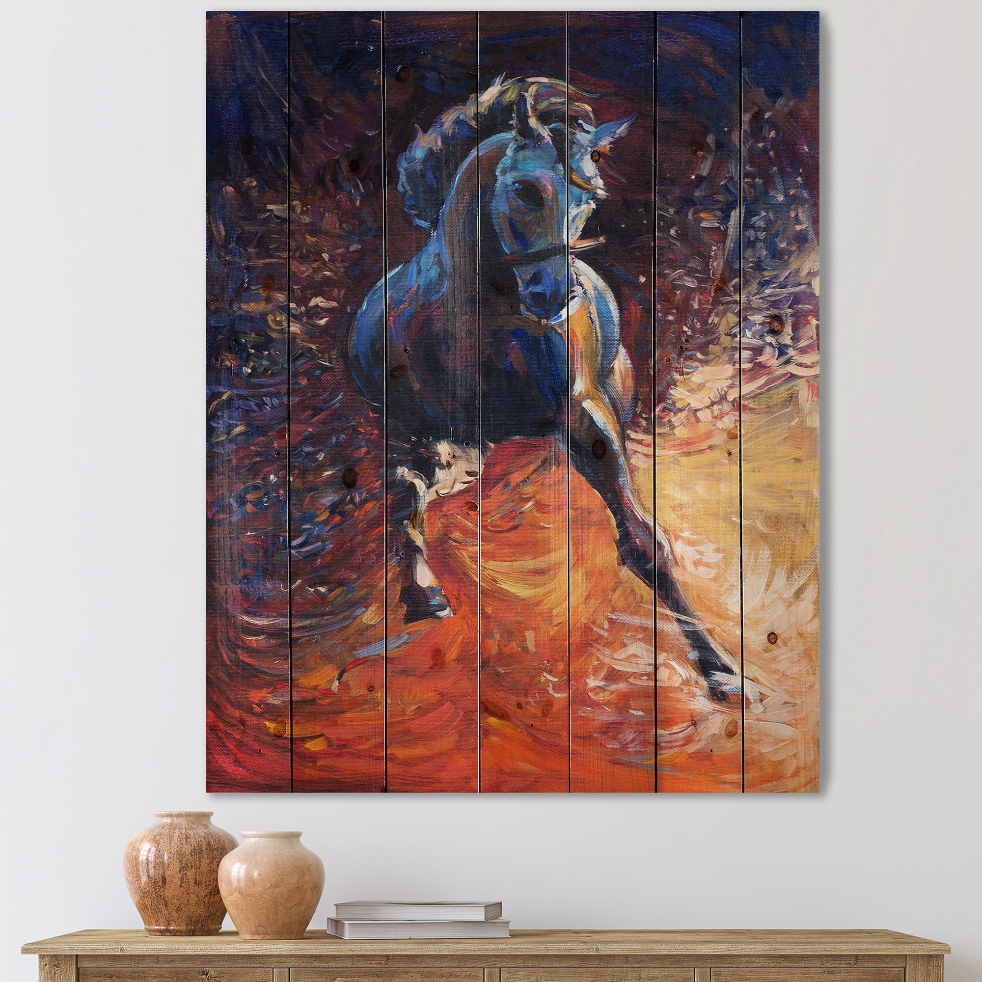 Designart 'Portrait Of A Galoping Blue Horse' Farmhouse Print on Natural Pine Wood