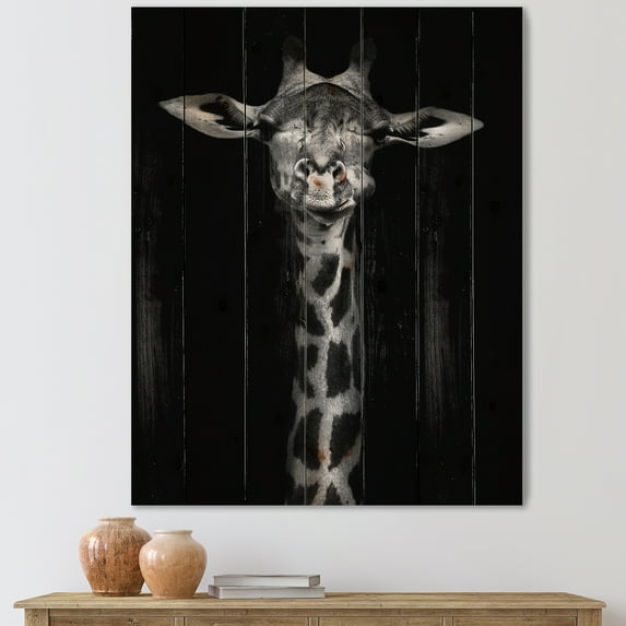 Designart 'Portrait Of A Giraffe In Monochrome' Farmhouse Print on Natural Pine Wood