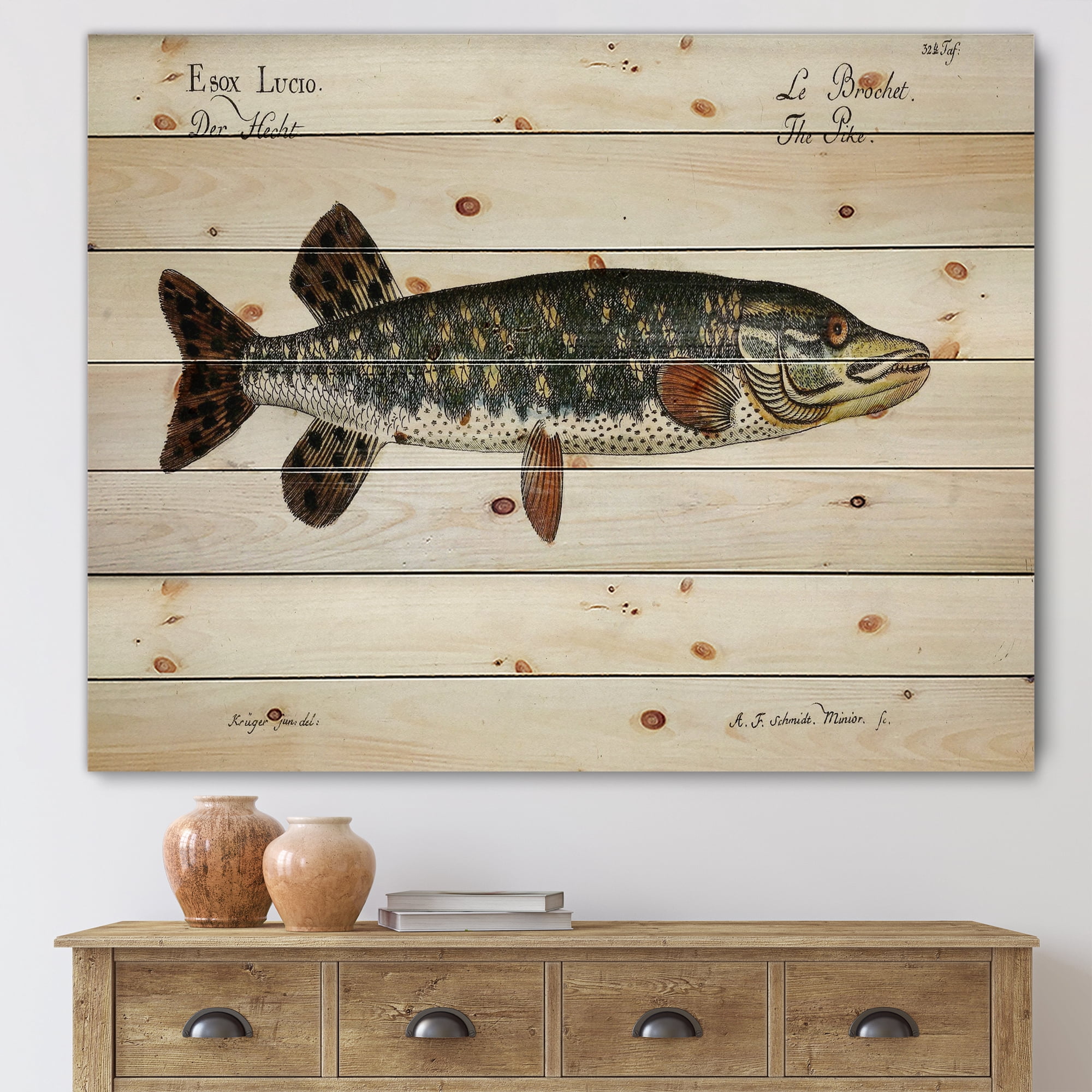 Designart 'Portrait Of A Green Fish On Beige' Nautical & Coastal Print on Natural Pine Wood