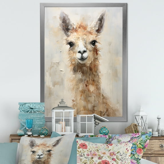 Designart "Portrait Of A Grunge-Styled Minimalist Alpaca" Alpaca Picture Framed Canvas Art Print