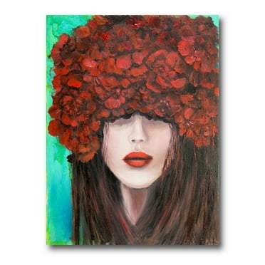 Designart ' Portrait Of A Young Lady With Red Flowers ' Modern Canvas Wall Art Print