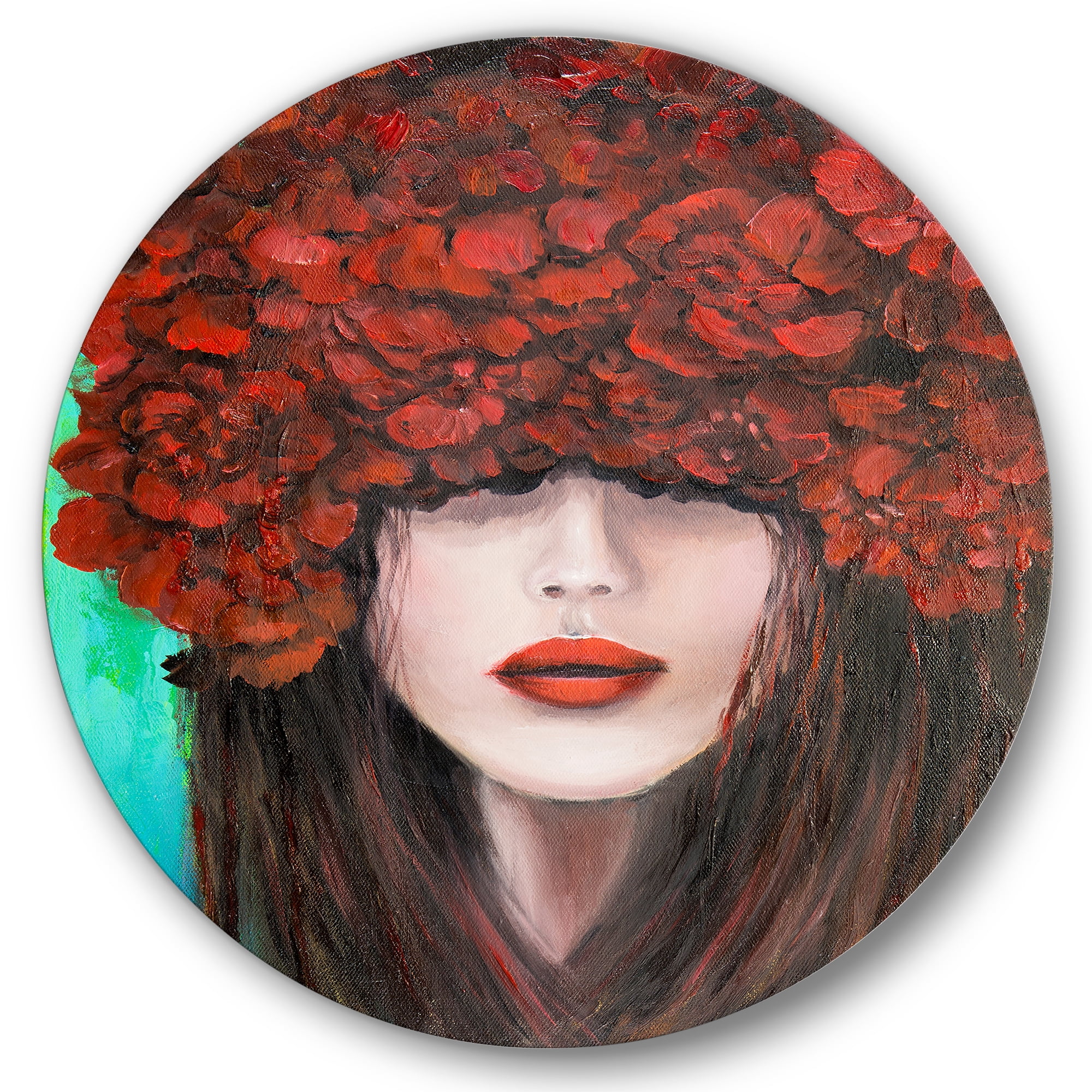 Designart 'Portrait Of A Young Lady With Red Flowers' Modern Circle Metal Wall Art 11x11 - Disc of 11