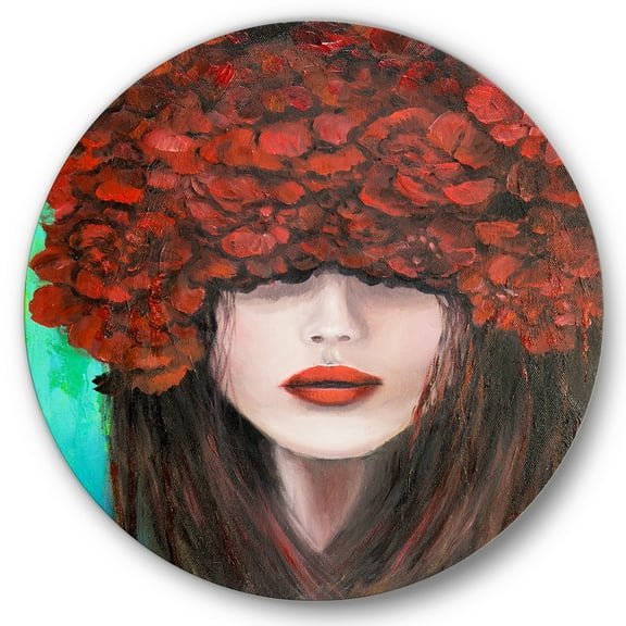 Designart 'Portrait Of A Young Lady With Red Flowers' Modern Circle Metal Wall Art 36x36 - Disc of 36