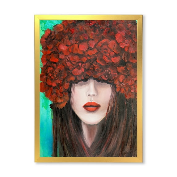 Designart 'Portrait Of A Young Lady With Red Flowers' Modern Framed Art Print