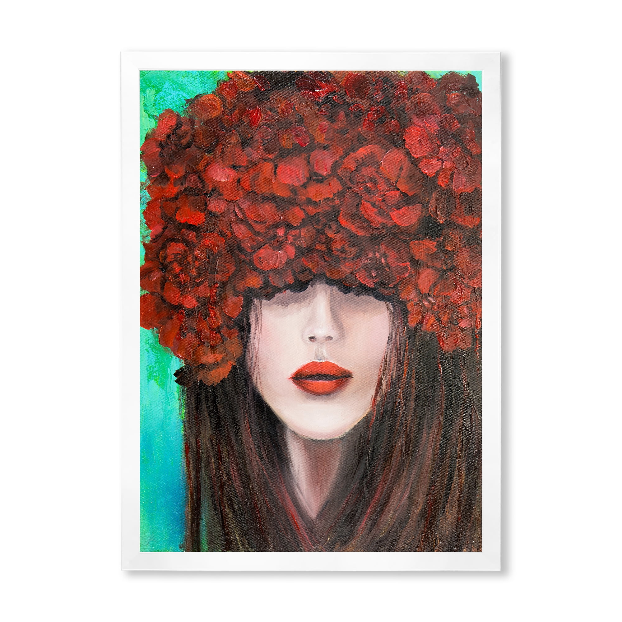 Designart 'Portrait Of A Young Lady With Red Flowers' Modern Framed Art Print