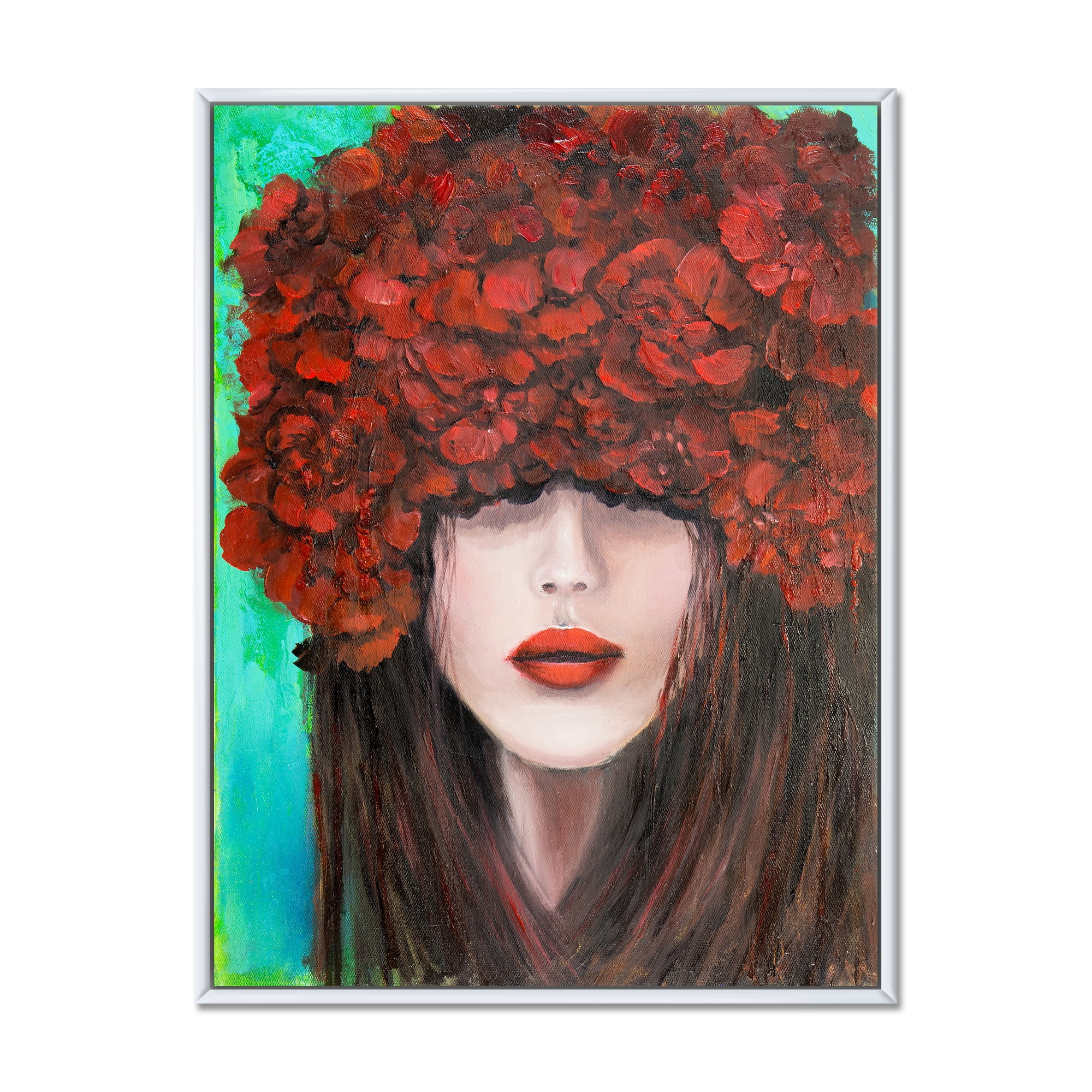 Designart 'Portrait Of A Young Lady With Red Flowers' Modern Framed Canvas Wall Art Print