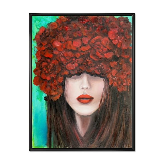 Designart 'Portrait Of A Young Lady With Red Flowers' Modern Framed Canvas Wall Art Print