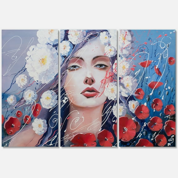 Designart ' Portrait Of A Young Lady With Red & White Flowers ' Traditional Canvas Wall Art Print