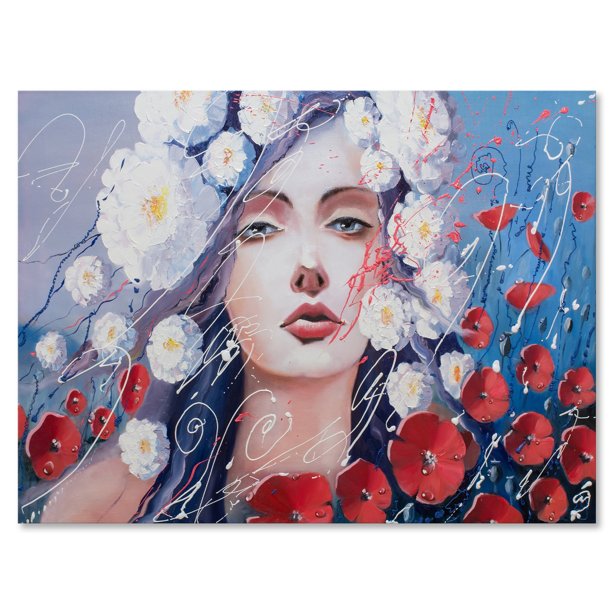 Designart ' Portrait Of A Young Lady With Red & White Flowers ' Traditional Canvas Wall Art Print