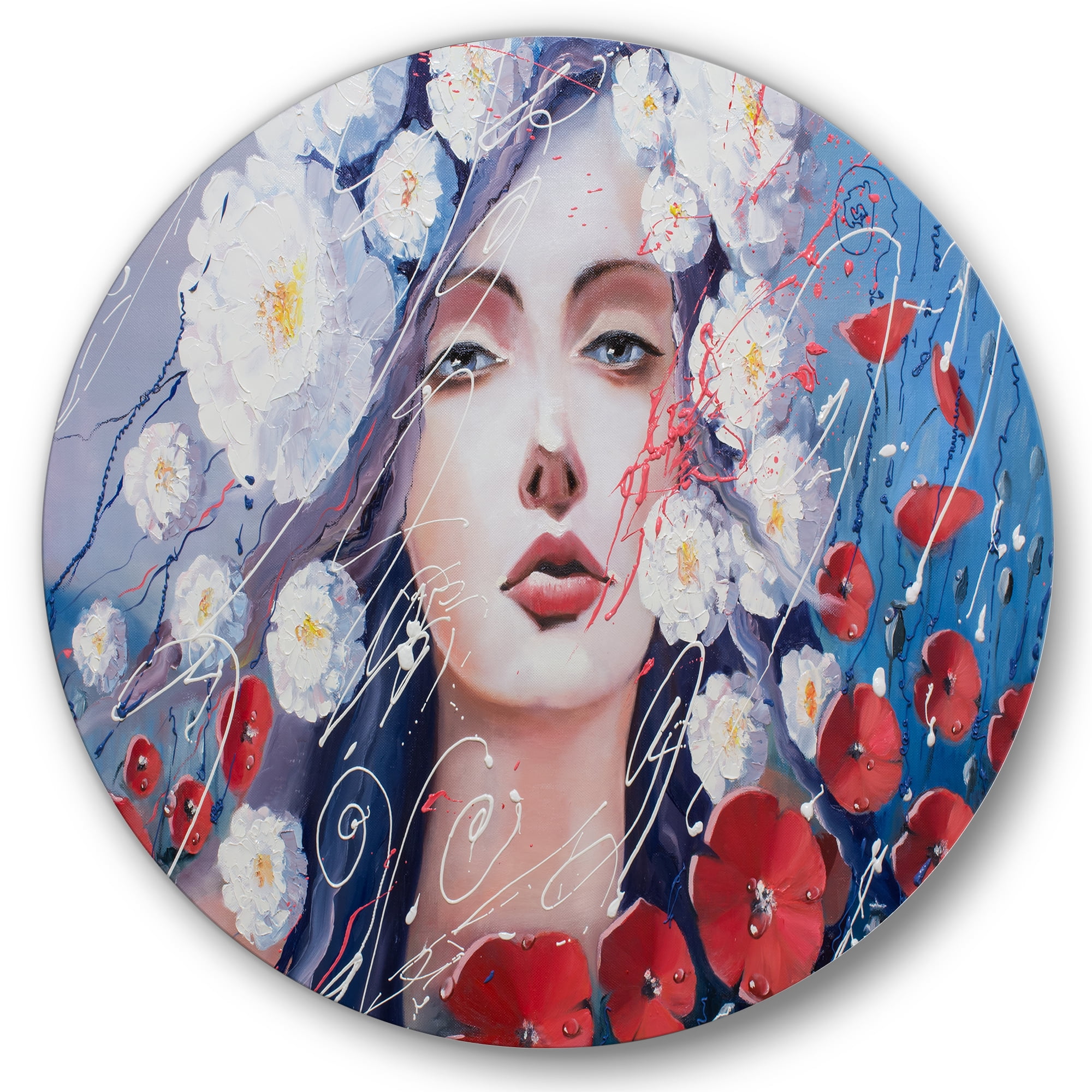 Designart 'Portrait Of A Young Lady With Red & White Flowers' Traditional Circle Metal Wall Art 11x11 - Disc of 11