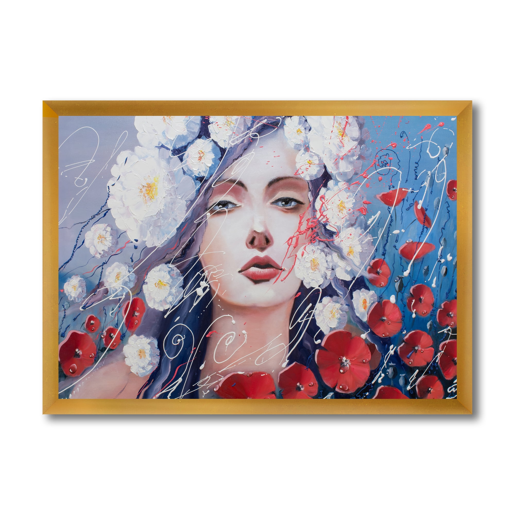 Designart 'Portrait Of A Young Lady With Red & White Flowers' Traditional Framed Art Print