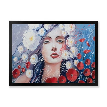 Designart 'Portrait Of A Young Lady With Red & White Flowers' Traditional Framed Art Print