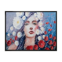 Designart 'Portrait Of A Young Lady With Red & White Flowers' Traditional Framed Canvas Wall Art Print