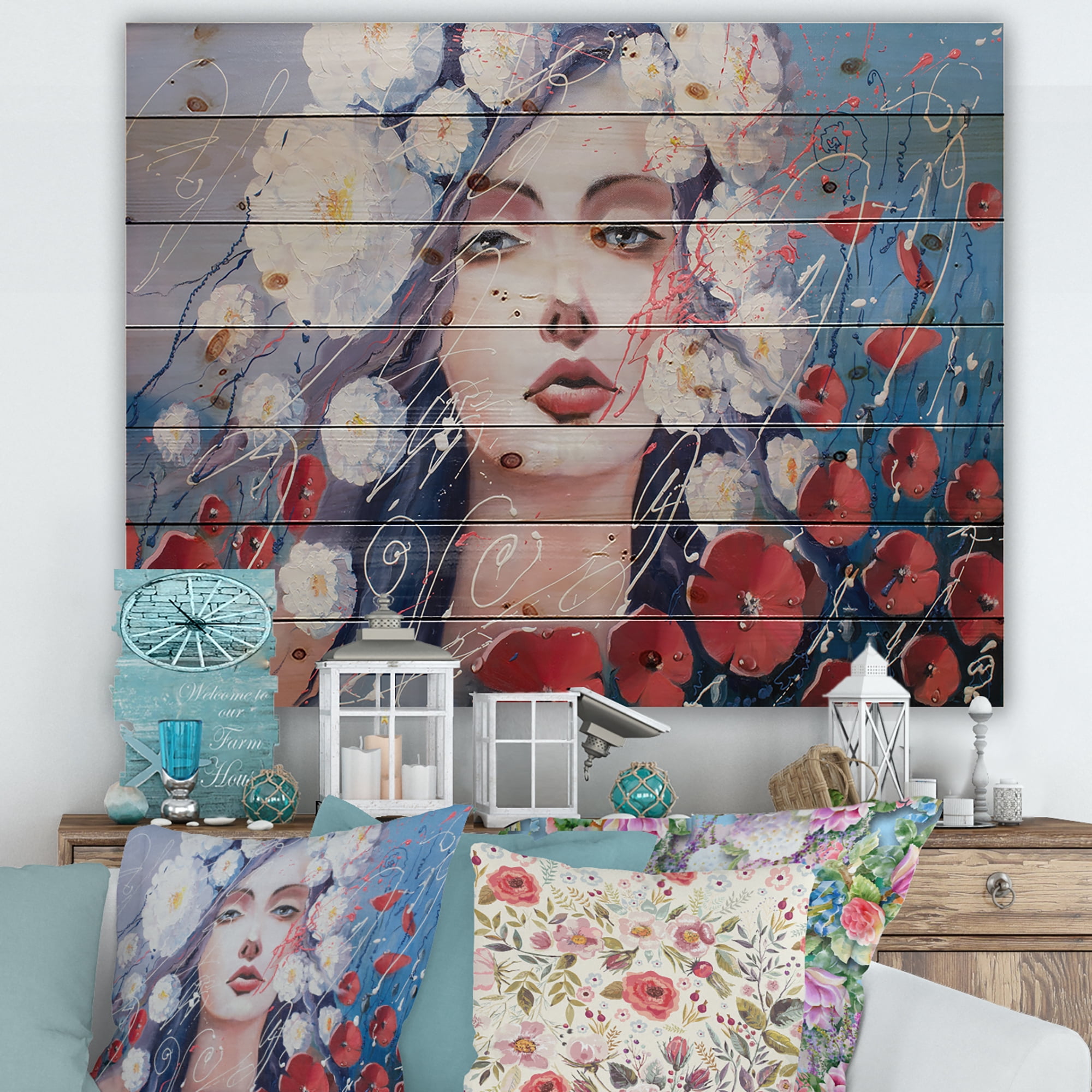 Designart 'Portrait Of A Young Lady With Red & White Flowers' Traditional Print on Natural Pine Wood