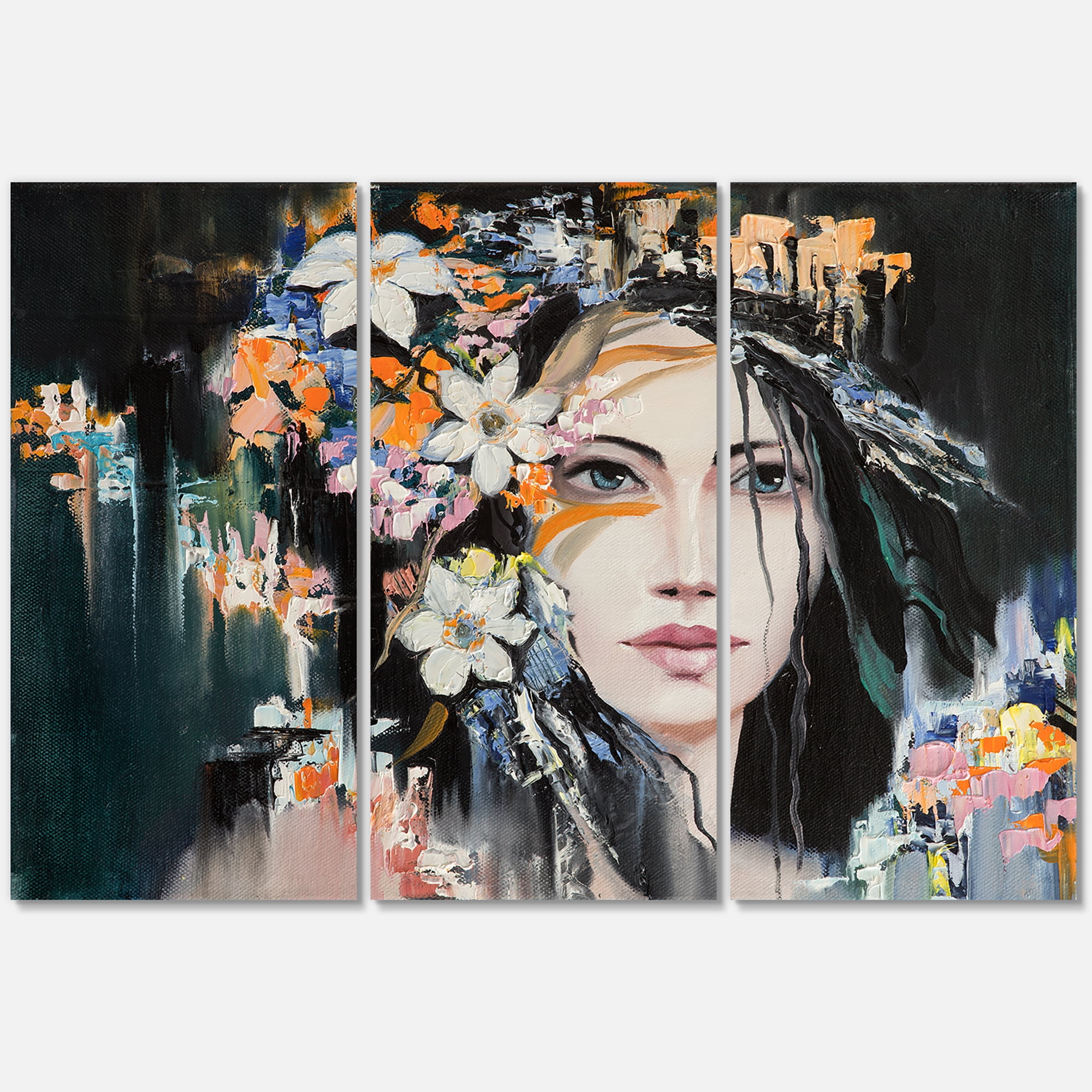 Designart ' Portrait Of A Young Woman With Flowers I ' Modern Canvas Wall Art Print