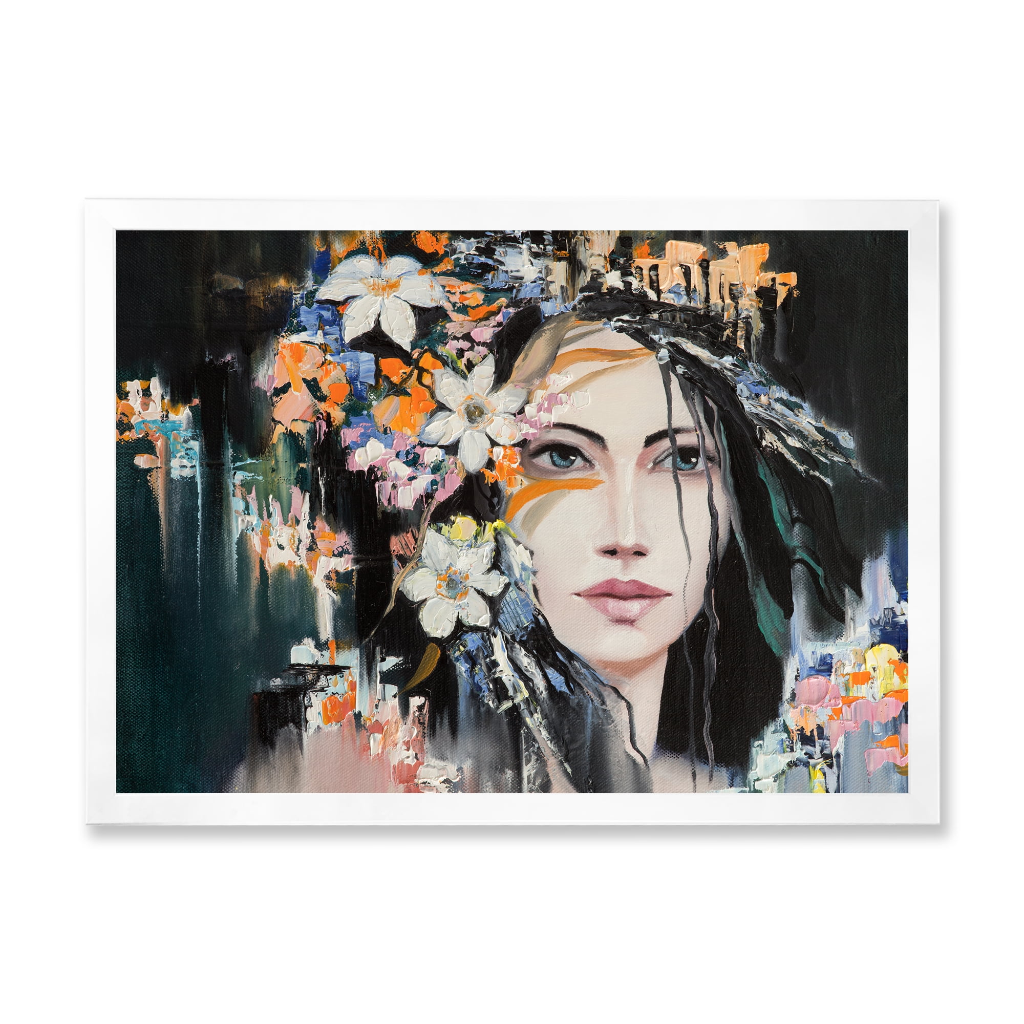 Designart 'Portrait Of A Young Woman With Flowers I' Modern Framed Art Print