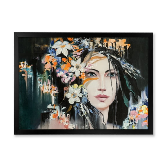 Designart 'Portrait Of A Young Woman With Flowers I' Modern Framed Art Print