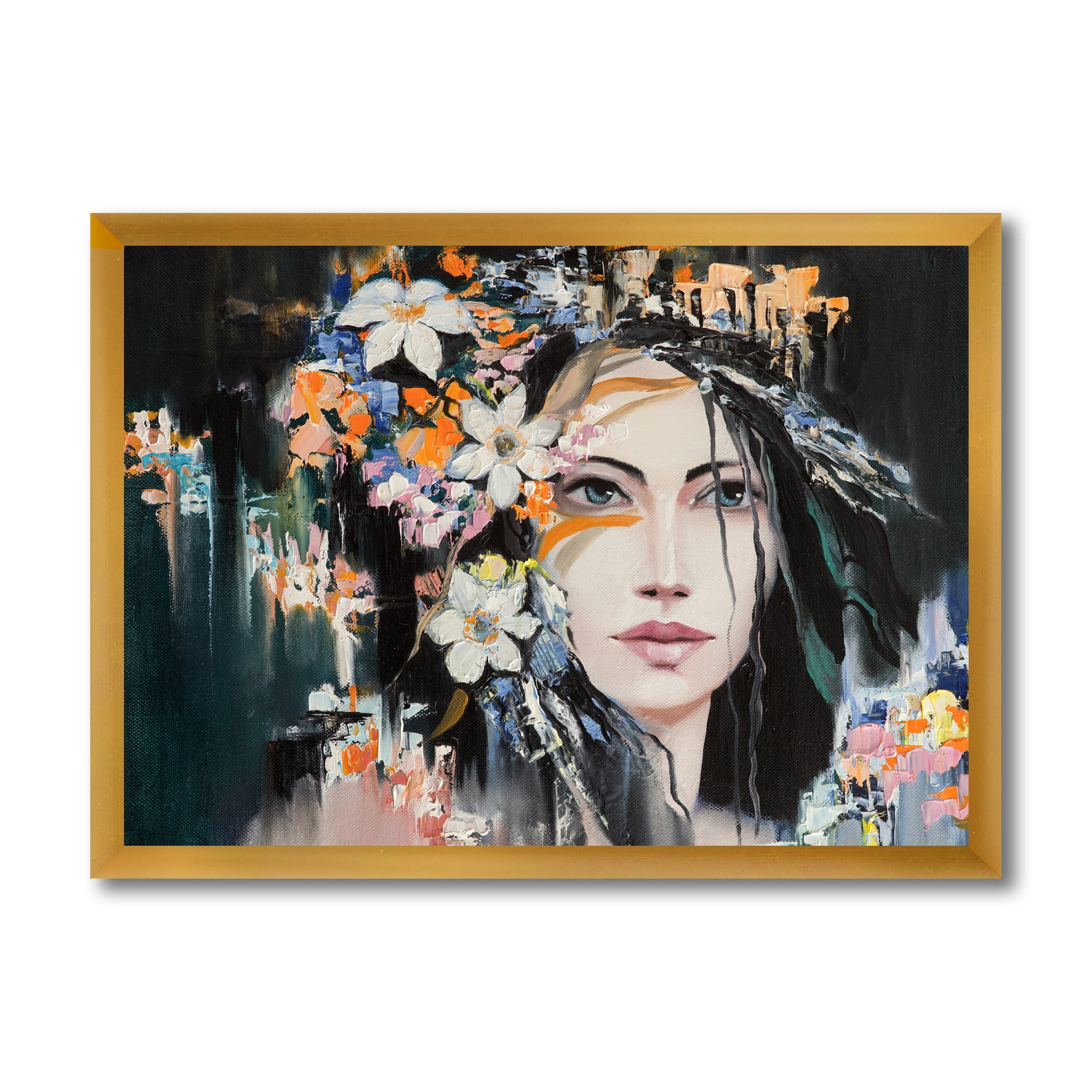 Designart 'Portrait Of A Young Woman With Flowers I' Modern Framed Art Print
