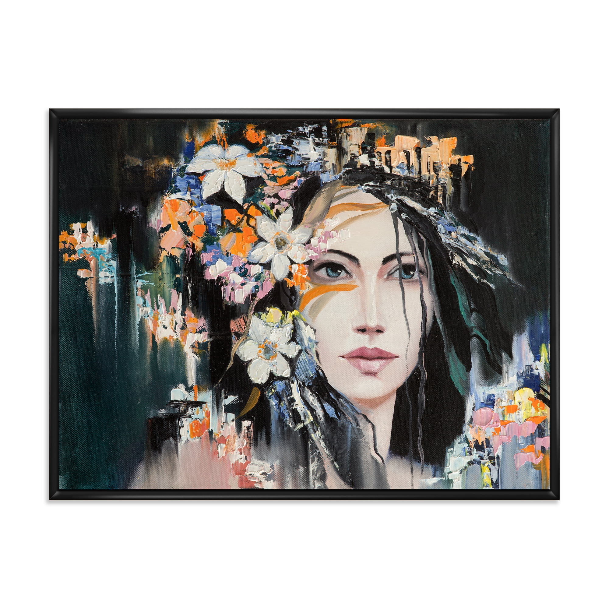 Designart 'Portrait Of A Young Woman With Flowers I' Modern Framed Canvas Wall Art Print