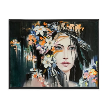 Designart 'Portrait Of A Young Woman With Flowers I' Modern Framed Canvas Wall Art Print