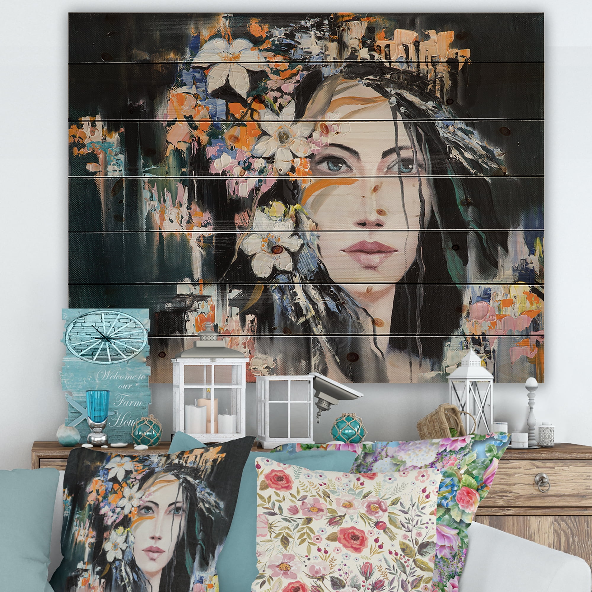 Designart 'Portrait Of A Young Woman With Flowers I' Modern Print on Natural Pine Wood